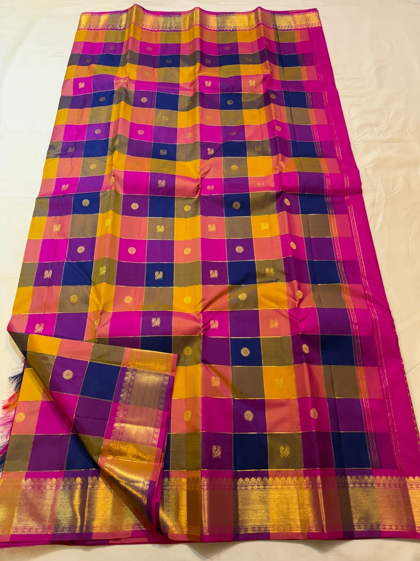 Magenta border with dense gold zari pallu on multicolour paalum pazhamum Kanchipuram saree — Idam Living