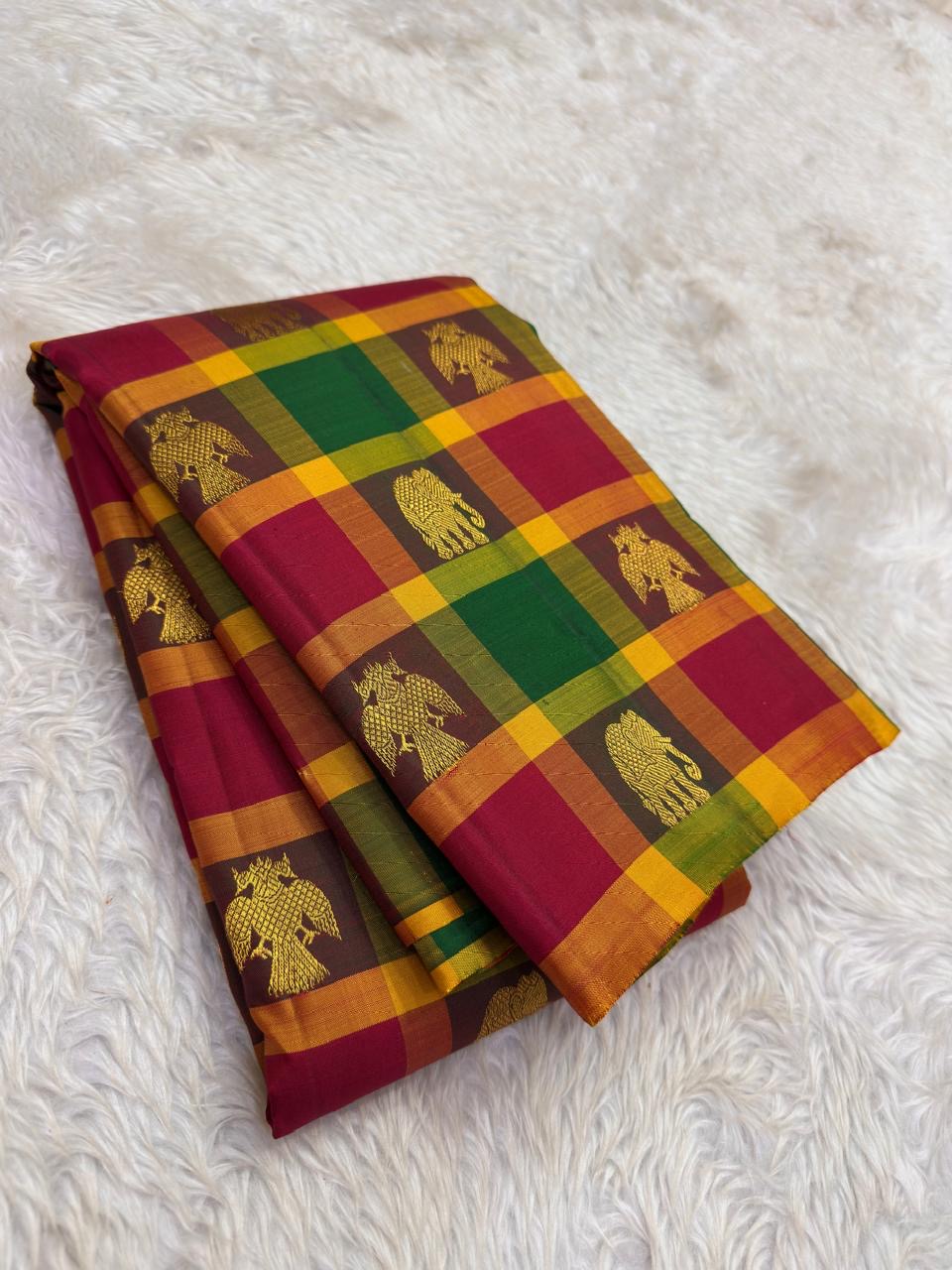 Elephant and horse vanasringaram motifs in gold zari on paalum pazhamum Kanchipuram silk saree — Idam Living