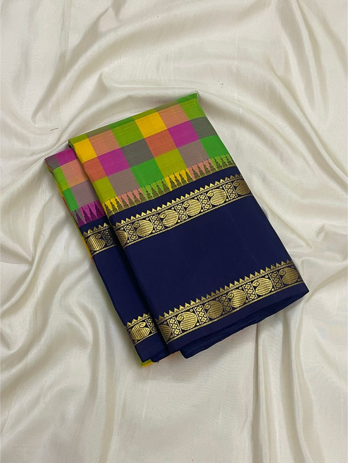 Paalum pazhamum handwoven Kanchipuram pure silk saree with deep navy blue rettapet border in gold zari — Idam Living