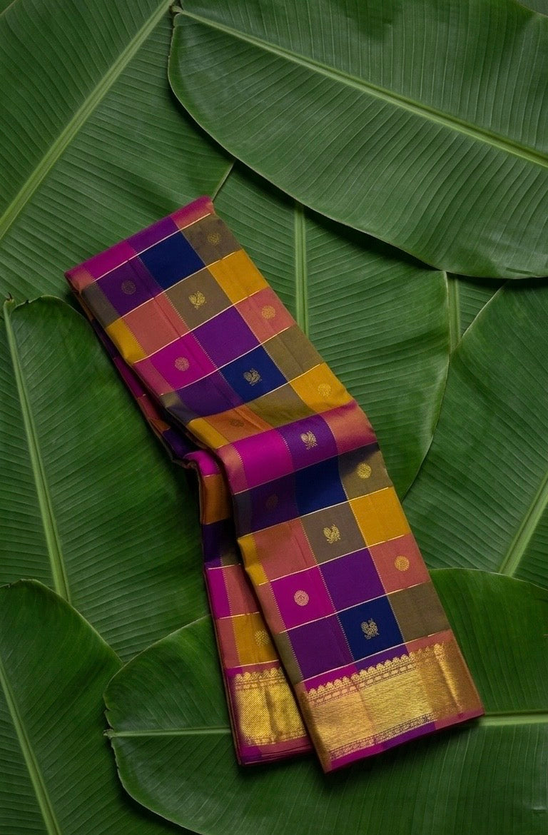 Multicolour and magenta paalum pazhamum Kancheepuram silk saree with pavun and floral butta — Idam Living