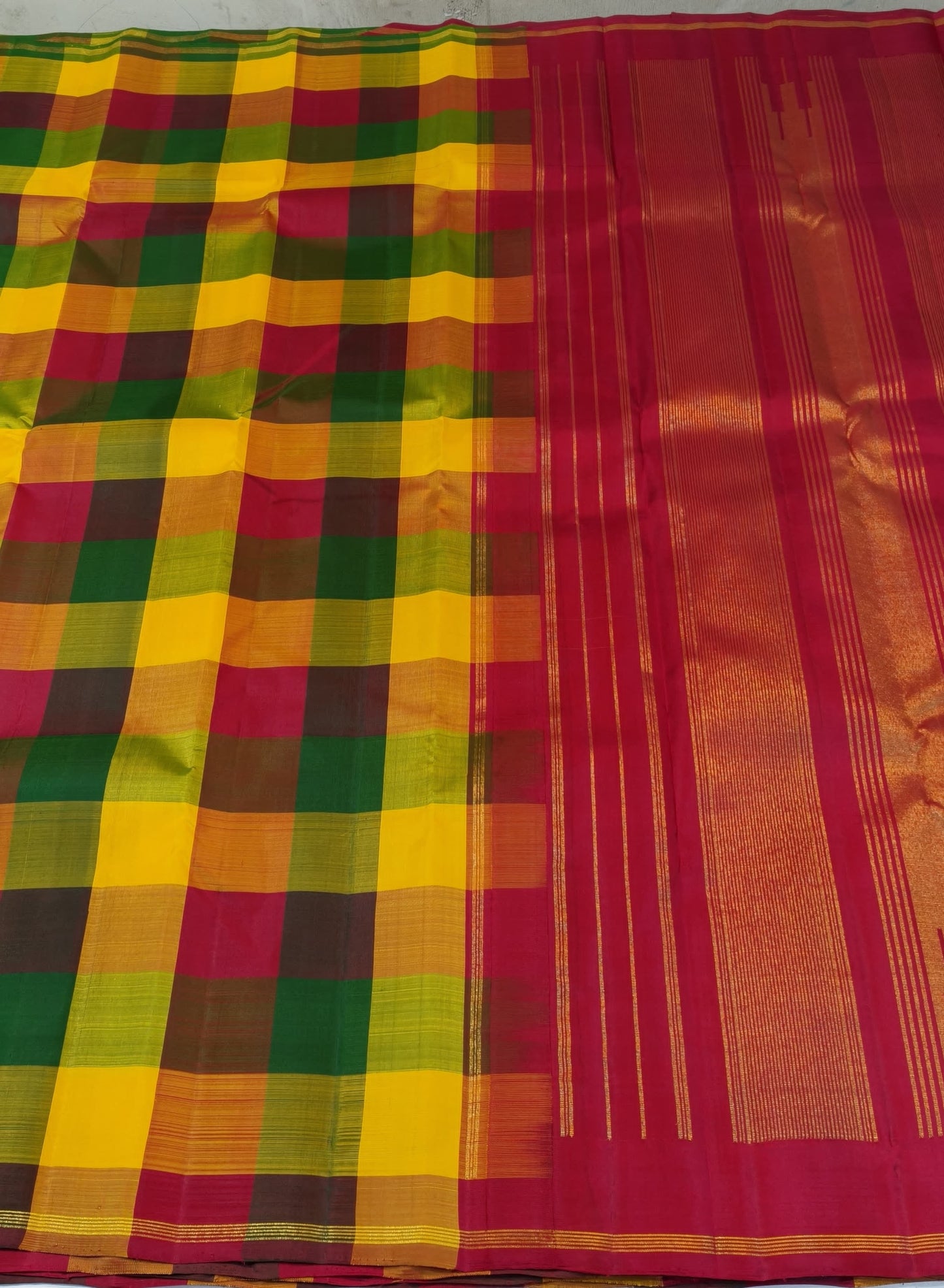 Multicolour Handwoven Pure Silk Kanjivaram Saree with Paalum Pazhamum Checks and Maroon Zari Pallu