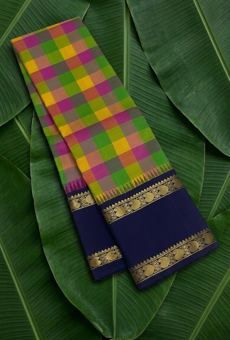 Multi-colour paalum pazhamum checks on Kanjivaram silk saree with navy blue rettapet border — Idam Living