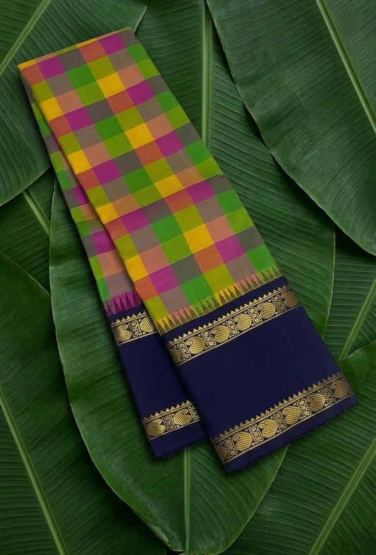 Multi-colour paalum pazhamum checks on Kanjivaram silk saree with navy blue rettapet border — Idam Living