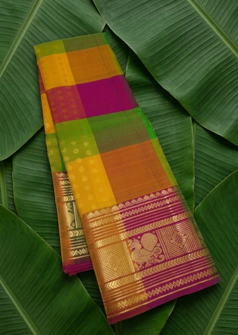 Multicolour and Magenta Paalum Pazhamum Korvai Kanchipuram Silk Saree with Pavun Butta