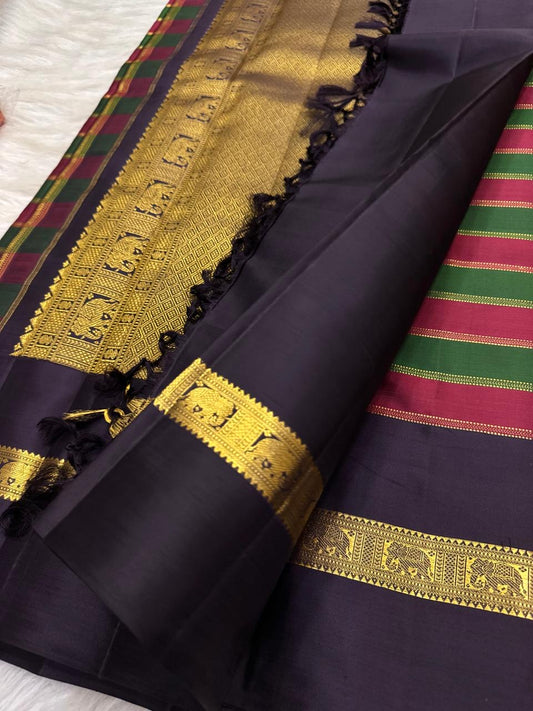 Paalum Pazhamum pure silk Kancheepuram saree with vermilion and green colour fields