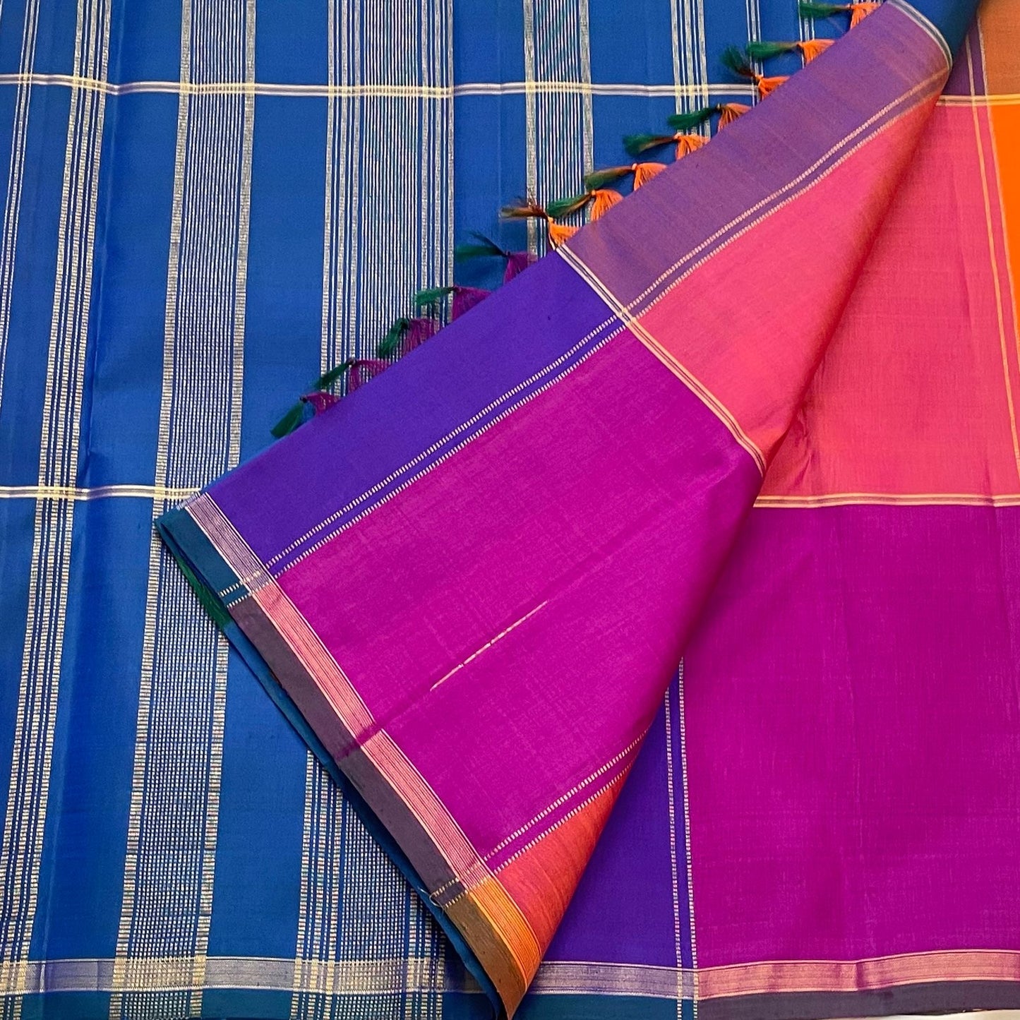 Multi-colour seepu reku border on paalum pazhamum Kanchipuram pure silk saree — Idam Living