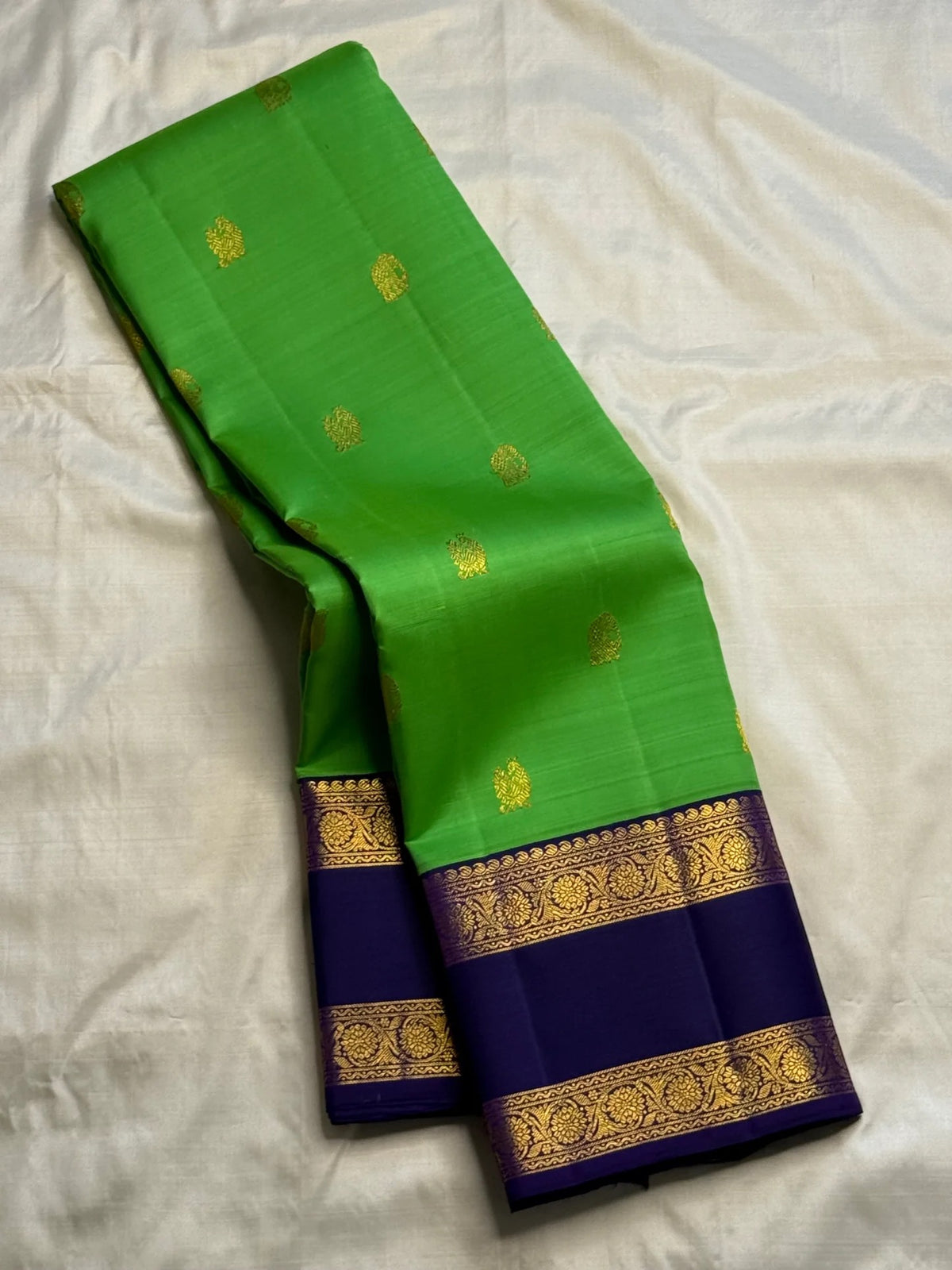 Pachai Green Pure Silk Kanchipuram Rettapet saree with Deep Royal Purple contrast