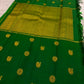 Pachai Green Kanchipuram saree body with alternating antique-gold ornamental and bird zari buttas.