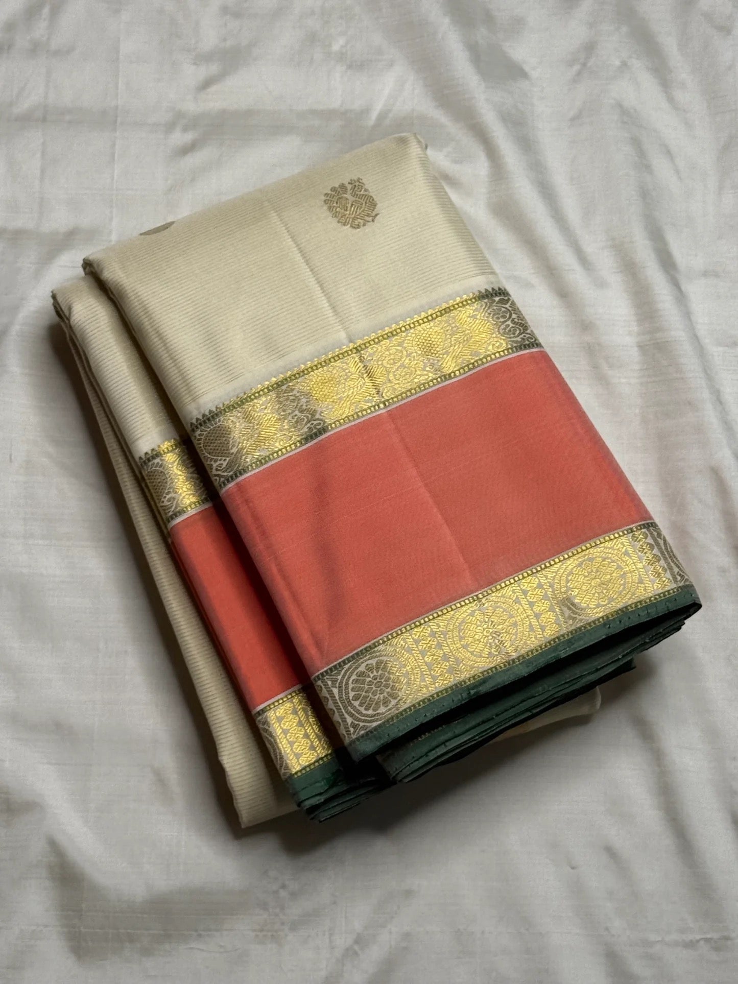 Cinnamon red pallu with gold zari panels on off white vairaoosi Kanjivaram silk saree — Idam Living