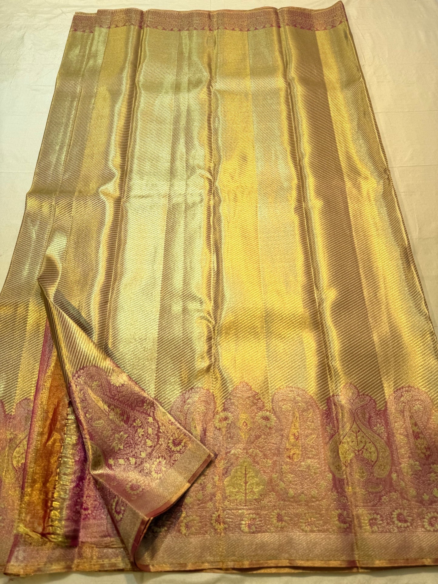 Champagne Gold Handwoven Pure Silk Kanjipuram Saree with Antique Rose Ornamental Border