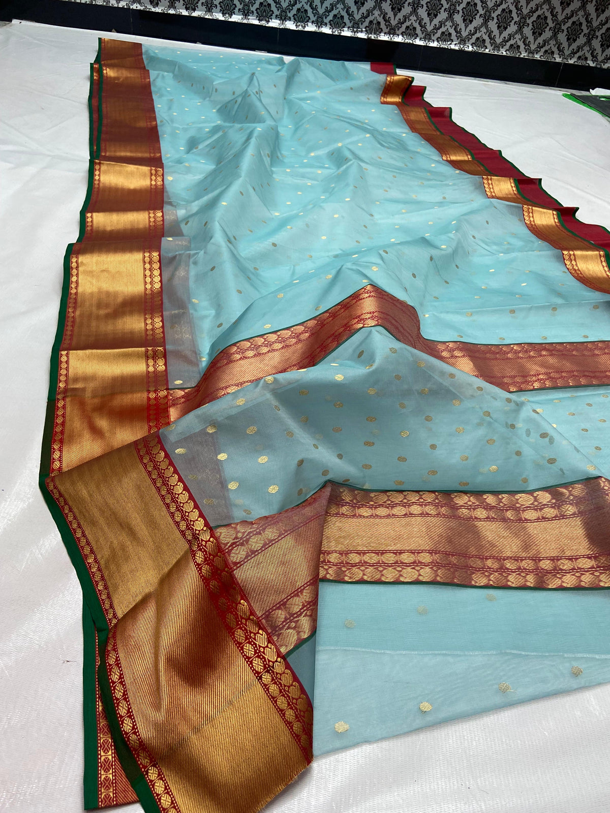 Pale blue Katan Silk handwoven Chanderi saree
