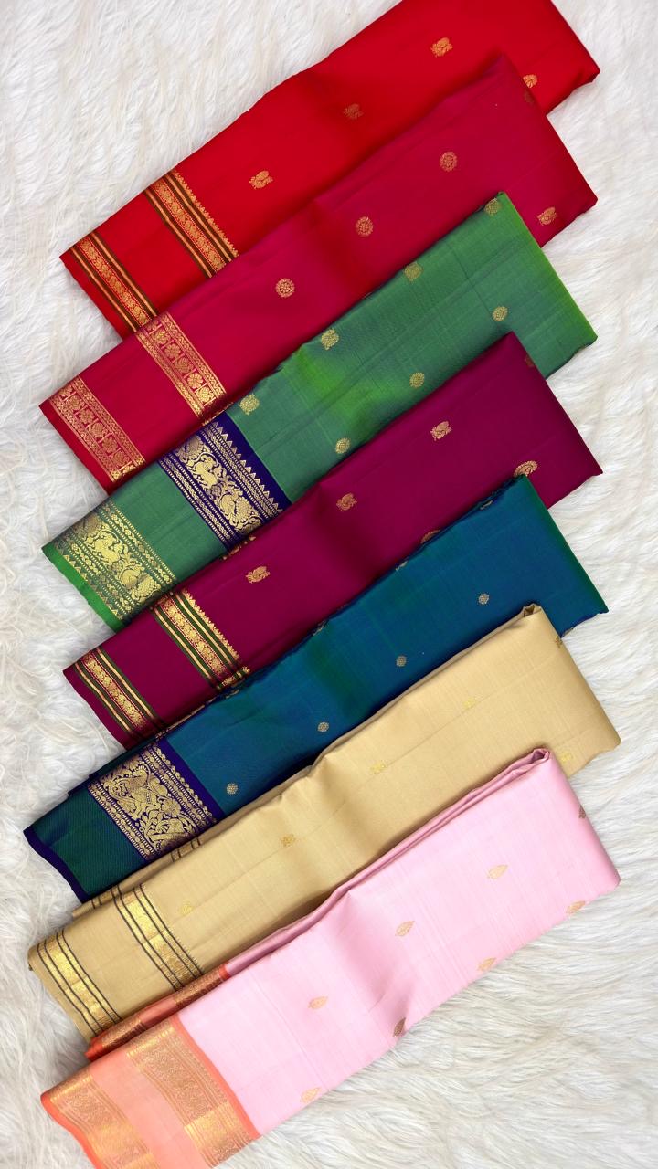 Pale Blush Pink Handwoven Pure Silk Kanjeevaram Rettapet Saree with Coral Orange Gold Zari Border