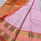 Pale Blush Pink Handwoven Pure Silk Kanjeevaram Rettapet Saree with Coral Orange Gold Zari Border