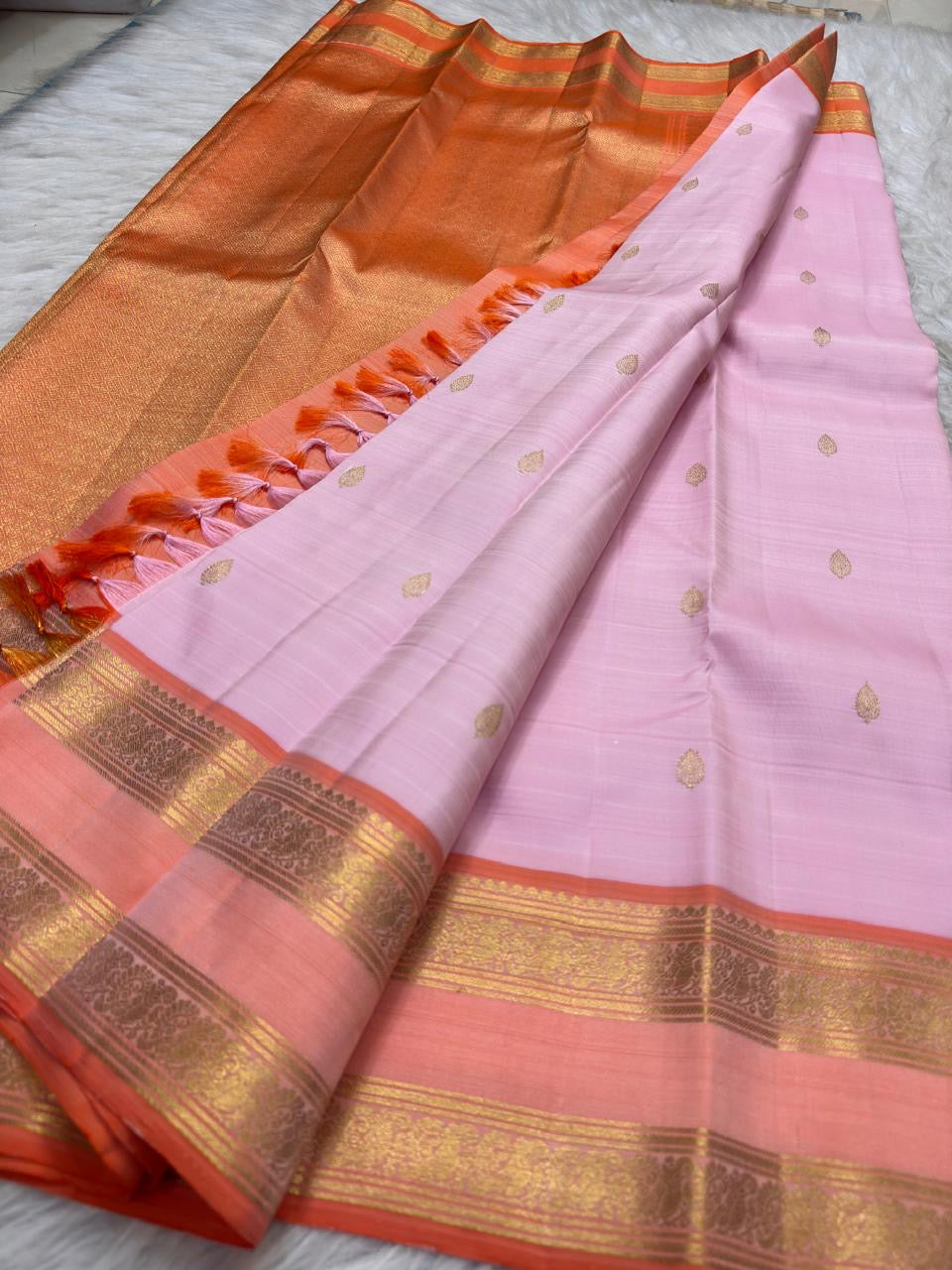 Pale Blush Pink Handwoven Pure Silk Kanjeevaram Rettapet Saree with Coral Orange Gold Zari Border