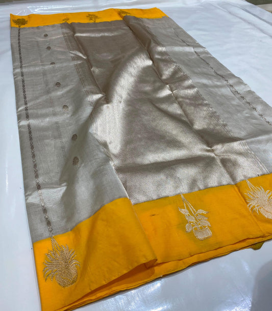 Pale gold handloom Tissue Pattu Silk Chanderi saree with fine gold buttas