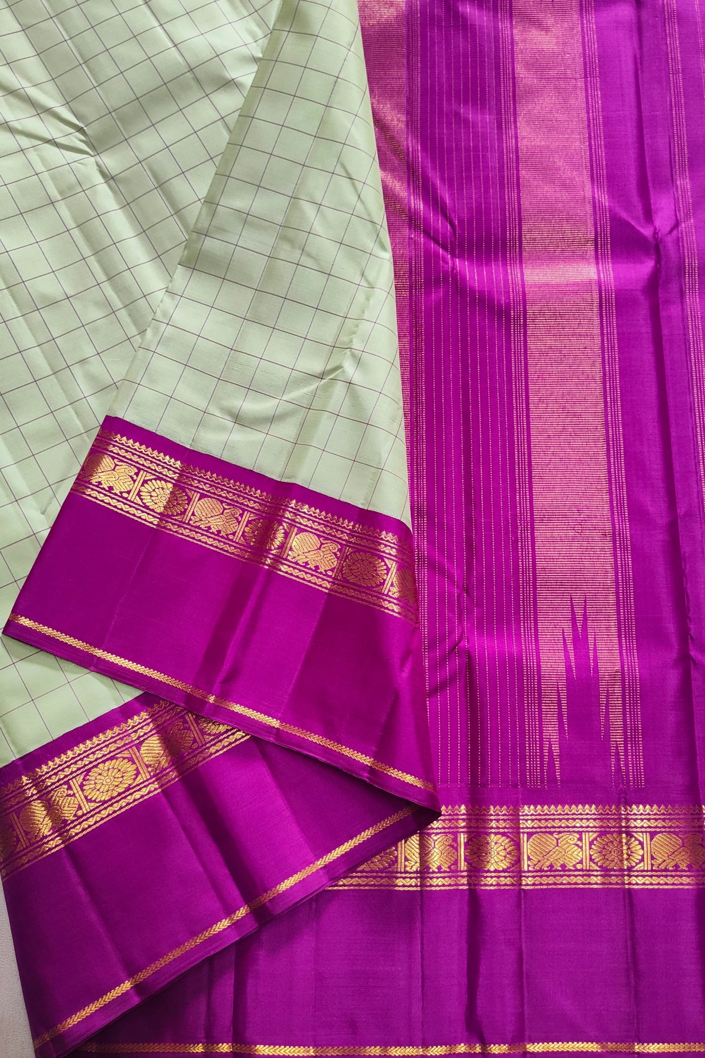 Pale Green and Magenta Zari Kattam Korvai Kancheepuram Silk Saree with Kamalam Border