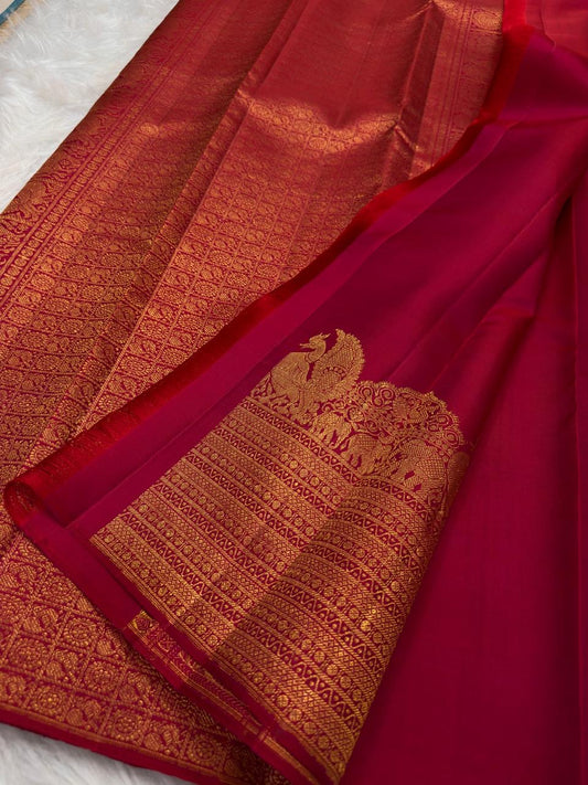 Handwoven orange-pink shimmer Pure Silk Kanchipuram saree