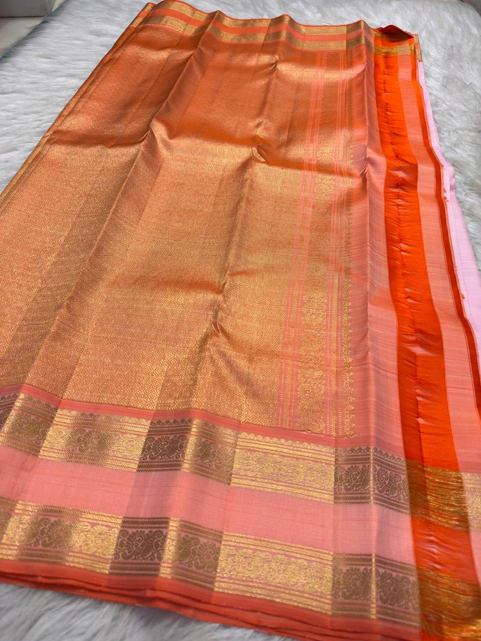 Pale Blush Pink Handwoven Pure Silk Kanjeevaram Rettapet Saree with Coral Orange Gold Zari Border