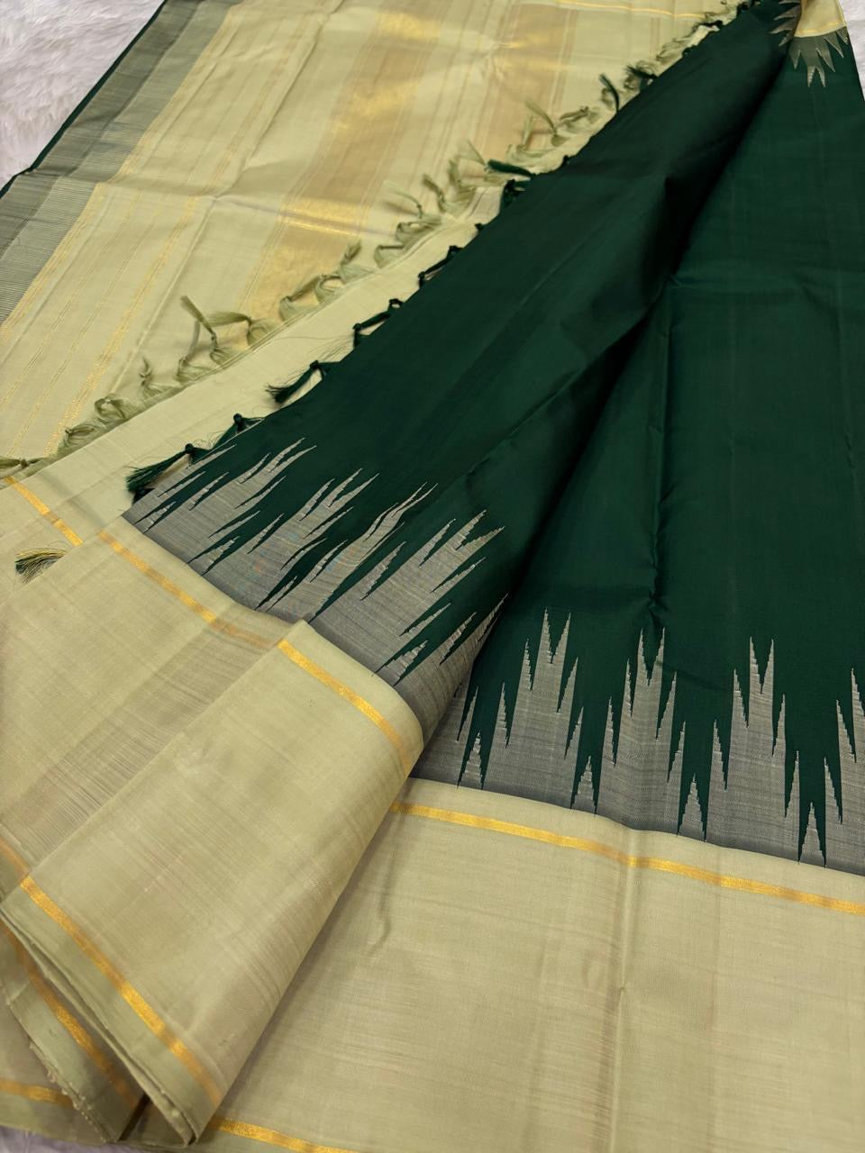 Pale sage pure silk Kanchipuram korvai saree with bottle green contrast border