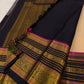 Pale Sand Ivory Pure Silk Kanjivaram Saree — full saree overview, Korvai weave with navy floral border — Idam Living