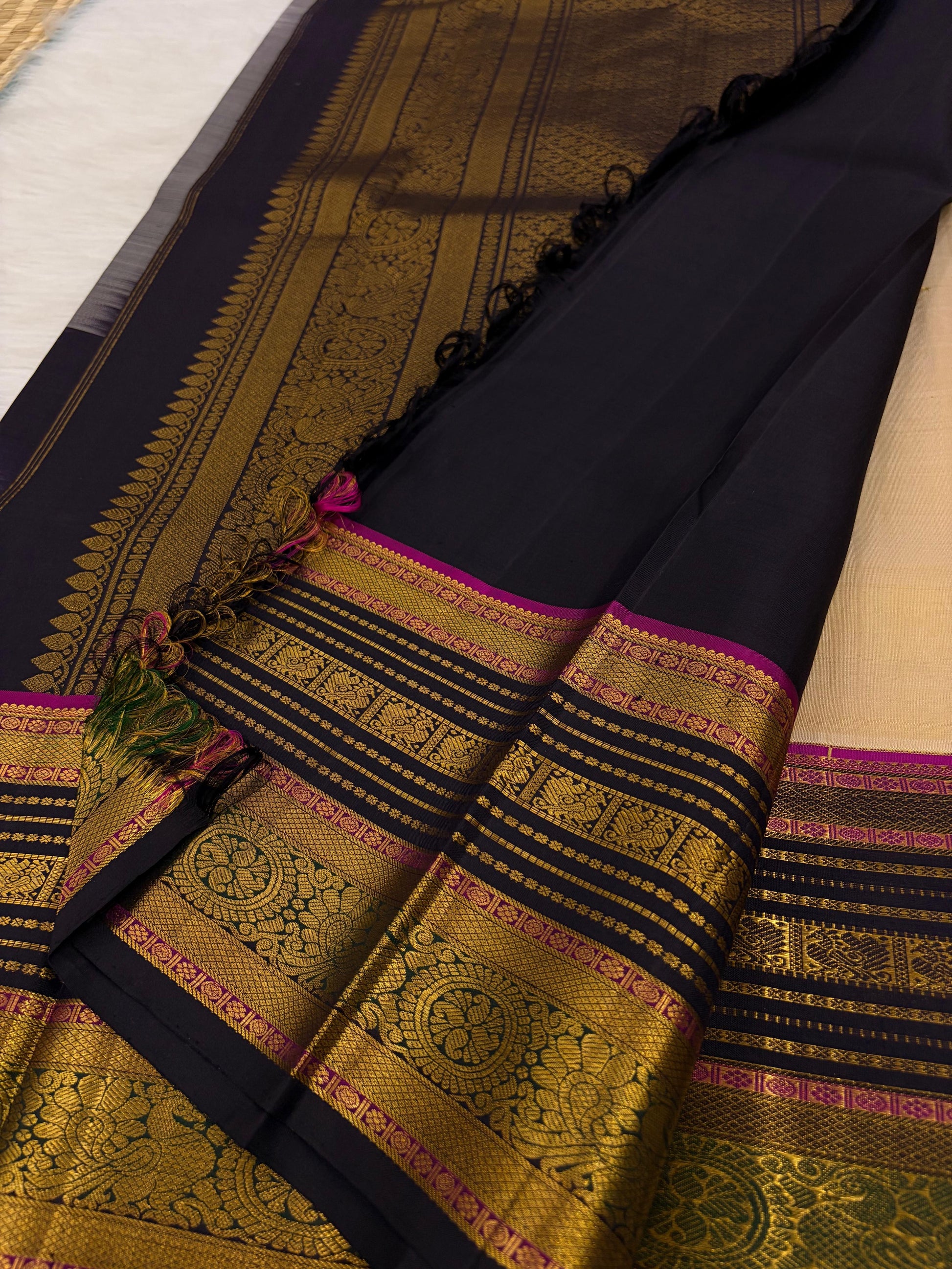 Pale Sand Ivory Pure Silk Kanjivaram Saree — full saree overview, Korvai weave with navy floral border — Idam Living