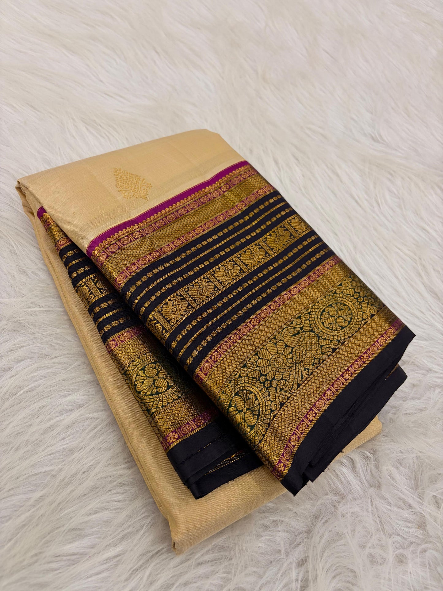 Pale Sand Ivory Kanjivaram Saree — folded full saree view