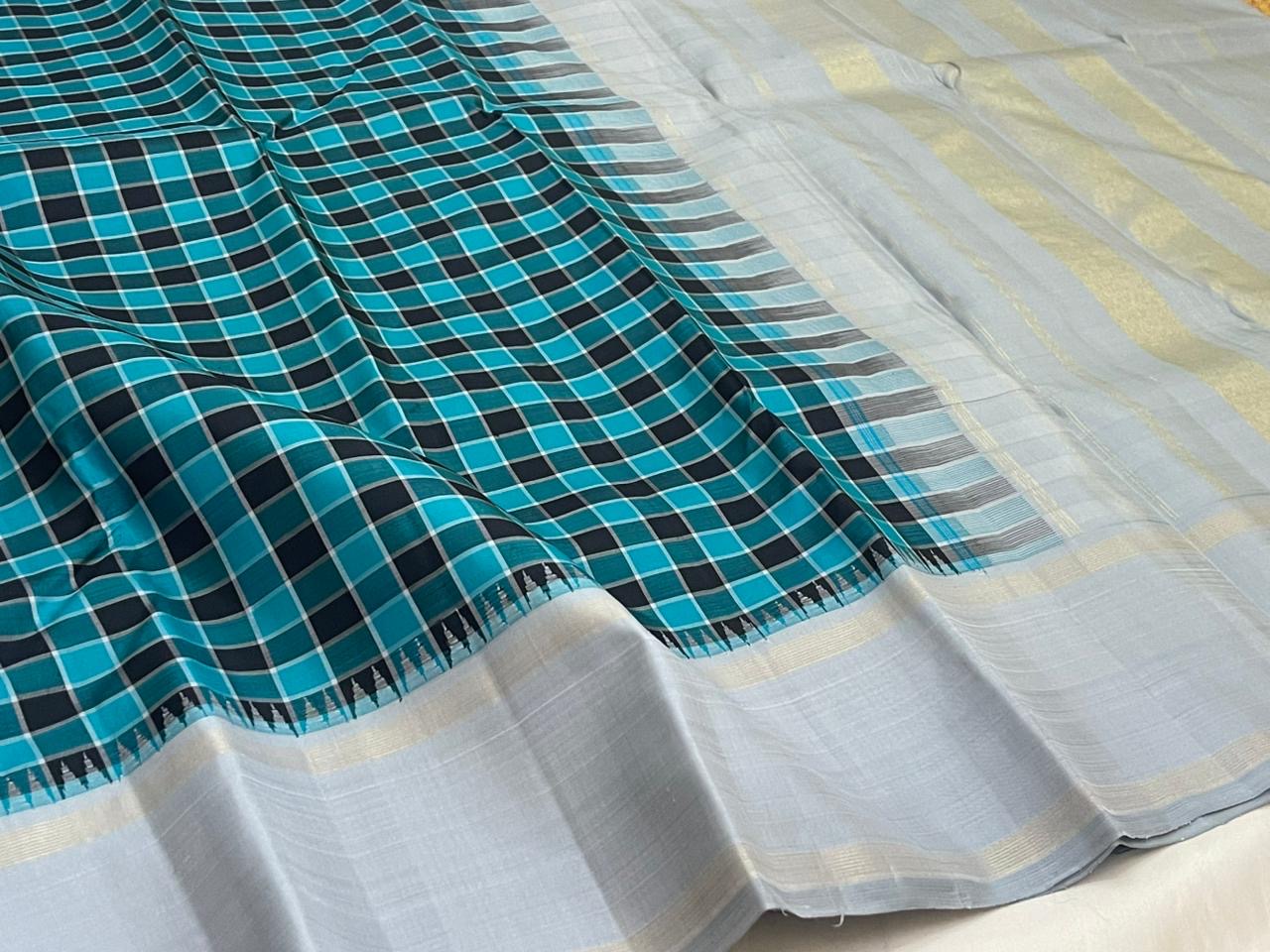 Silver grey pallu detail of Pure Kanchipuram silk saree with zari woven stripes and tassels, shipped from New Jersey USA