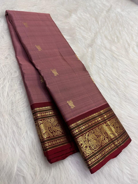 Dusty rose Pure Silk Kanjipuram saree with parrot Butta motifs and maroon border
