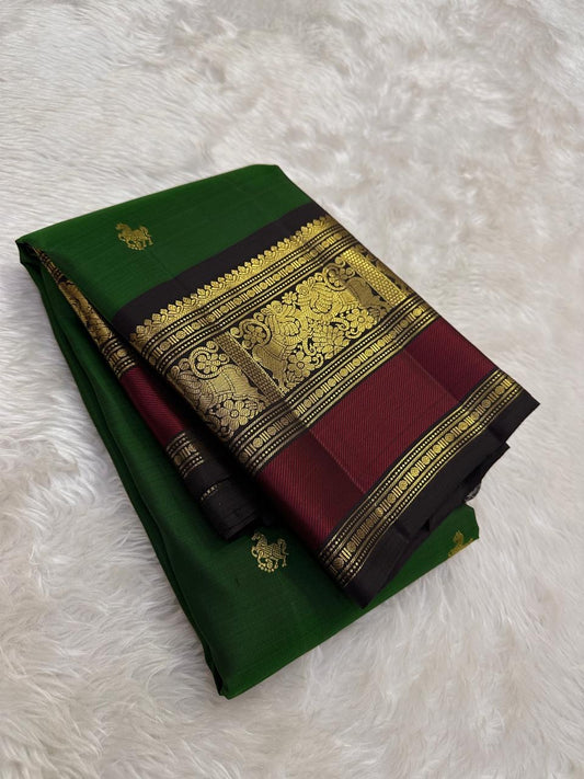 Parrot Green and Black Handwoven Pure Silk Kanjeevaram Saree with Kudhirai Butta and Zari Border