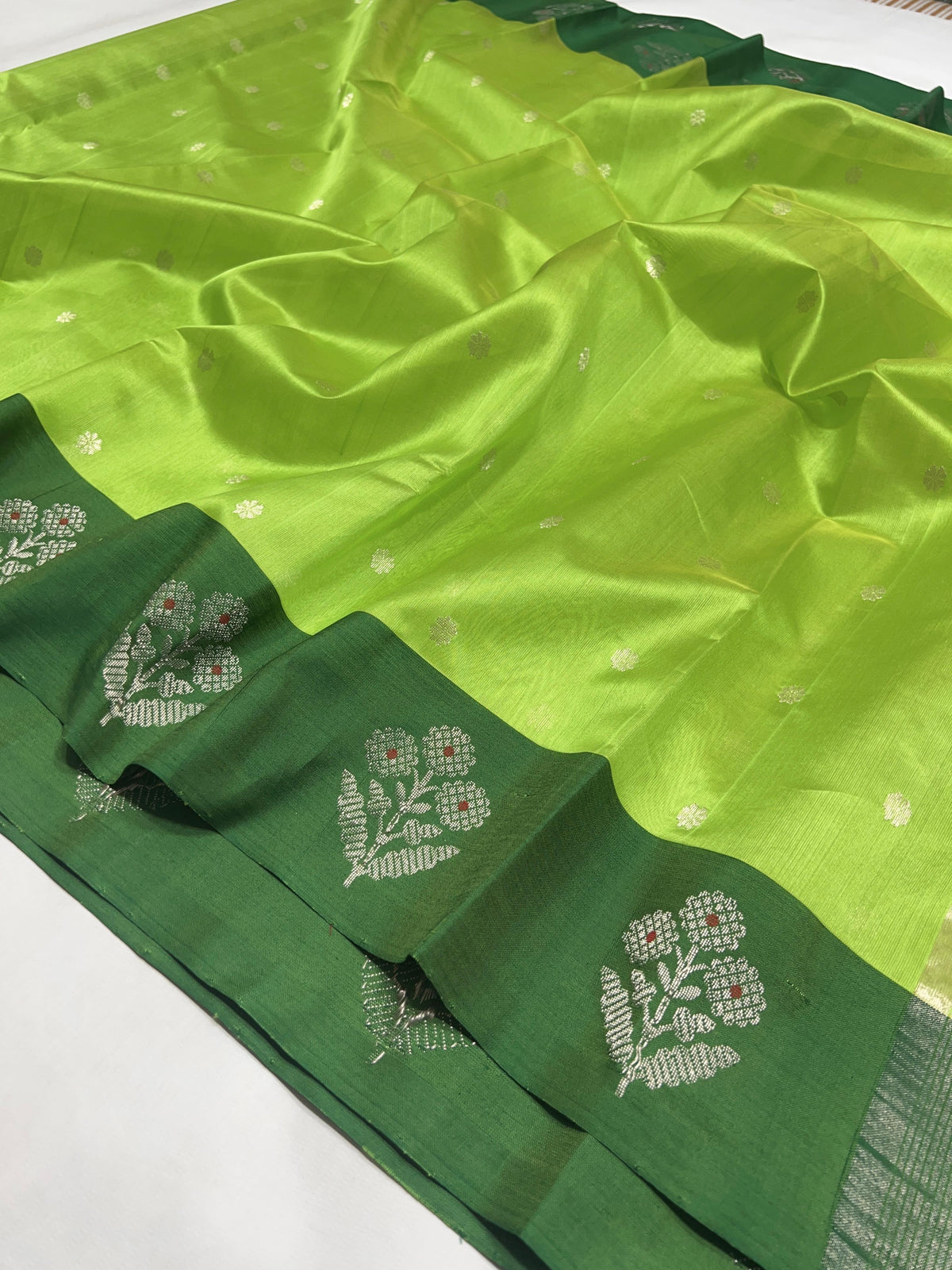Parrot Green Chanderi silk saree showing silver floral buttas and dark green border with silver woven motifs