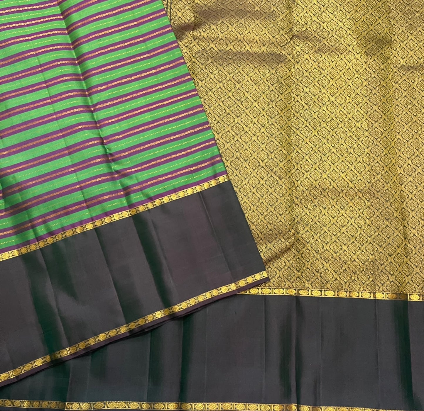 Parrot Green and Deep Purple Handwoven Pure Silk Kanjipuram Rettapet Saree with Veldhari Vazhaipoo Stripes