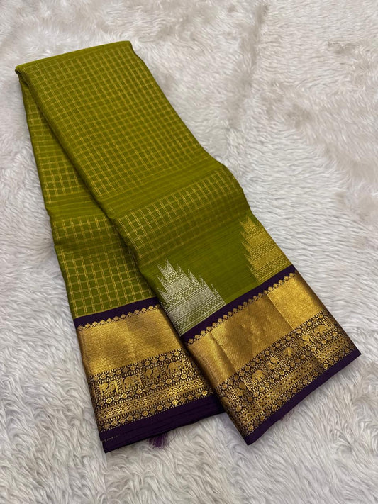 Gold Zari Kattam check weave on parrot green Kanchipuram pure silk saree — Idam Living