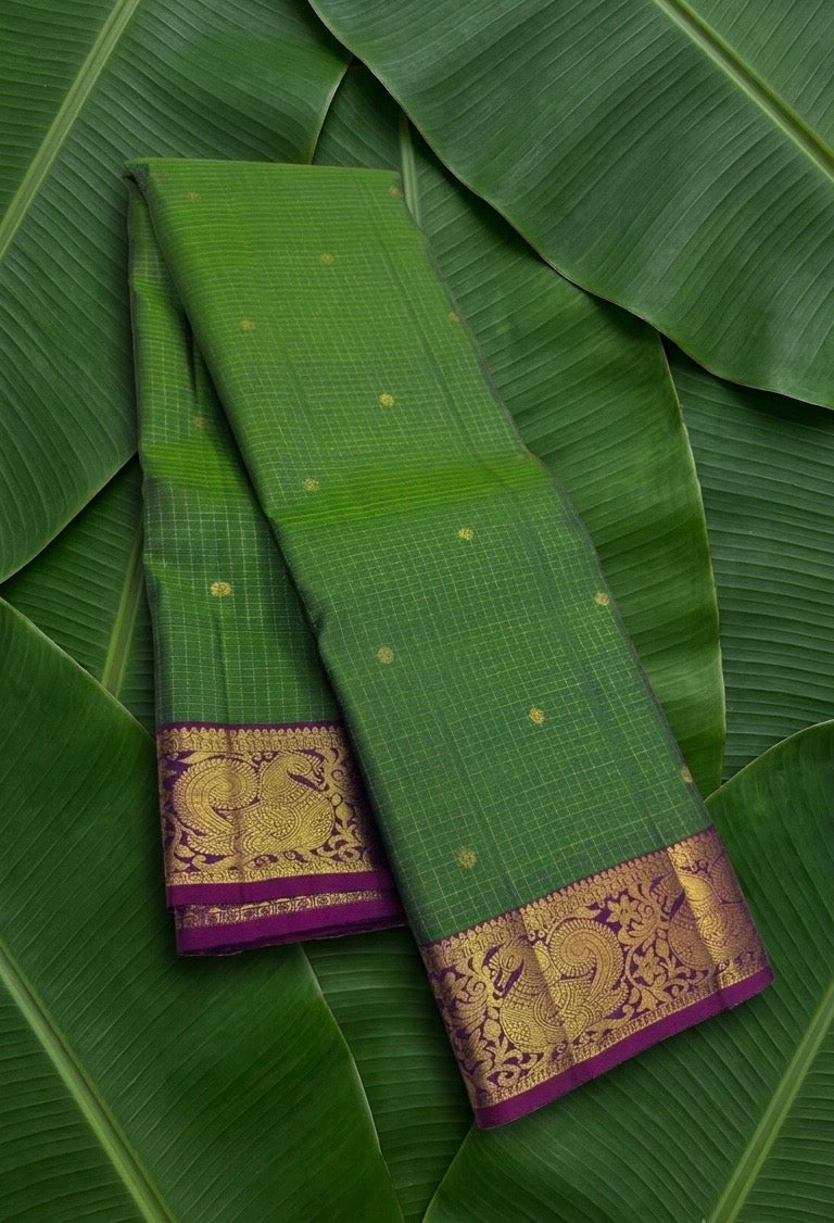 Parrot green handwoven Kanchipuram pure silk saree with zari kattam body and mayil peacock korvai border — Idam Living