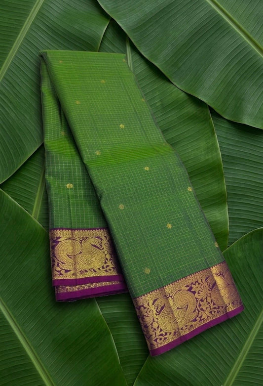 Parrot green handwoven Kanchipuram pure silk saree with zari kattam body and mayil peacock korvai border — Idam Living