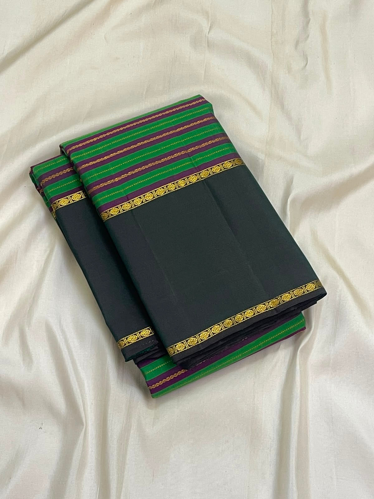 Parrot Green and Deep Purple Handwoven Pure Silk Kanjipuram Rettapet Saree with Veldhari Vazhaipoo Stripes