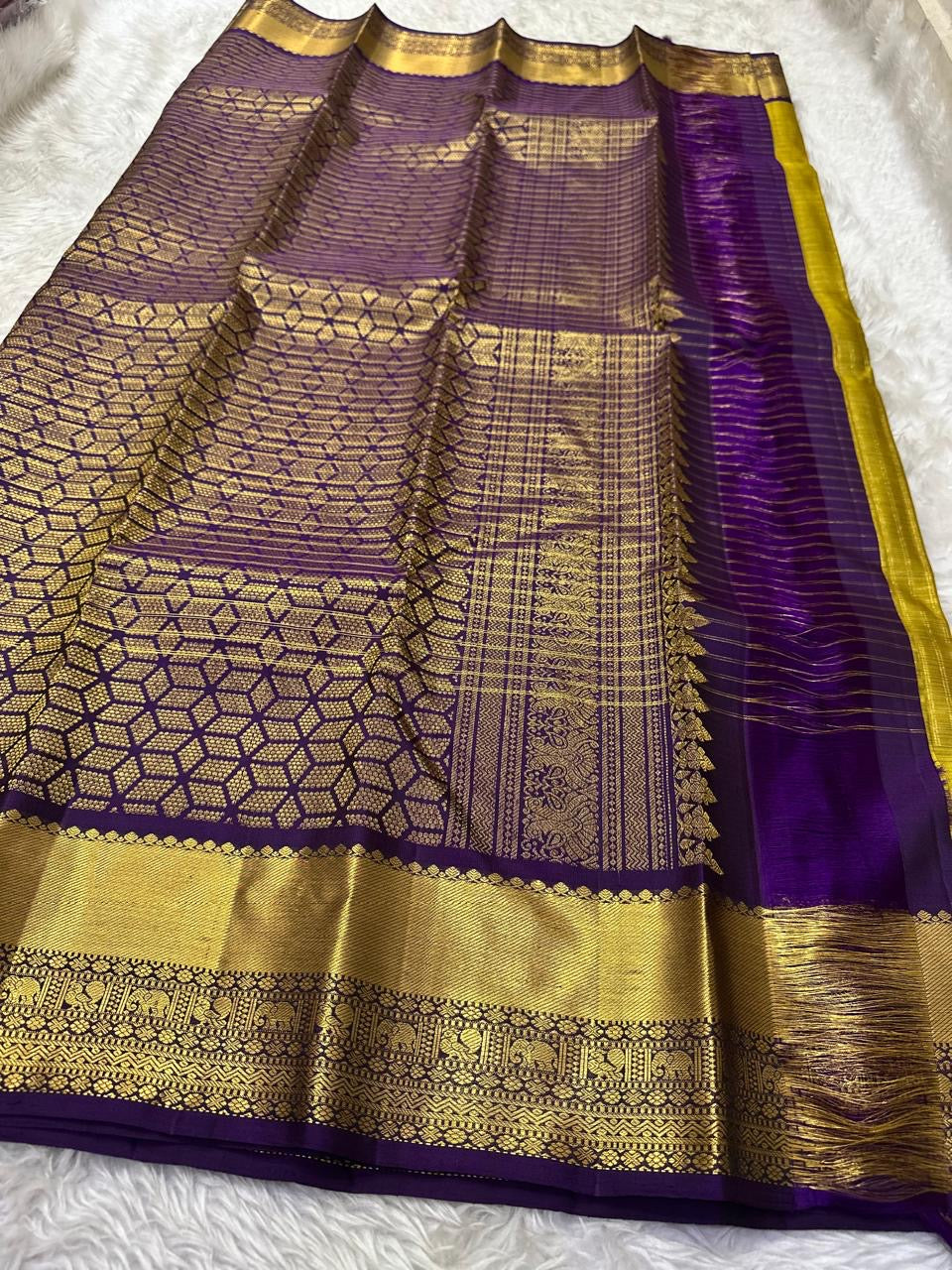 Parrot green Kanjeevaram saree with Zari Kattam weave and deep purple Yaanai border — Idam Living
