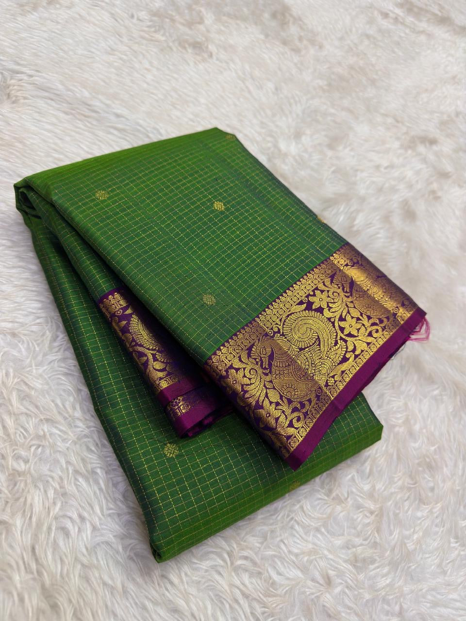 Zari kattam body with chedi butta on parrot green Kanjivaram pure silk saree — Idam Living