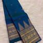 Peacock Blue Thazampoo Reku pure silk Kanchipuram saree, border detail, showing deep oceanic peacock blue with a teal-green glimmer, royal blue border accents and antique-gold zari