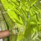Full view of parrot green Pattu Silk Chanderi saree with pale metallic borders and reflective pallu.