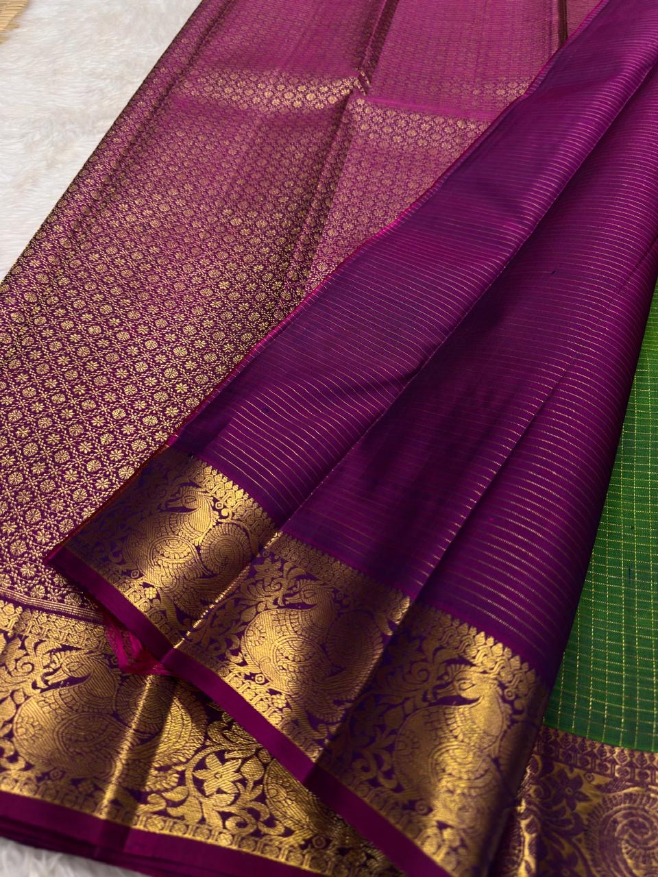 Mayil peacock pallu on parrot green Kanchipuram pure silk saree — Idam Living