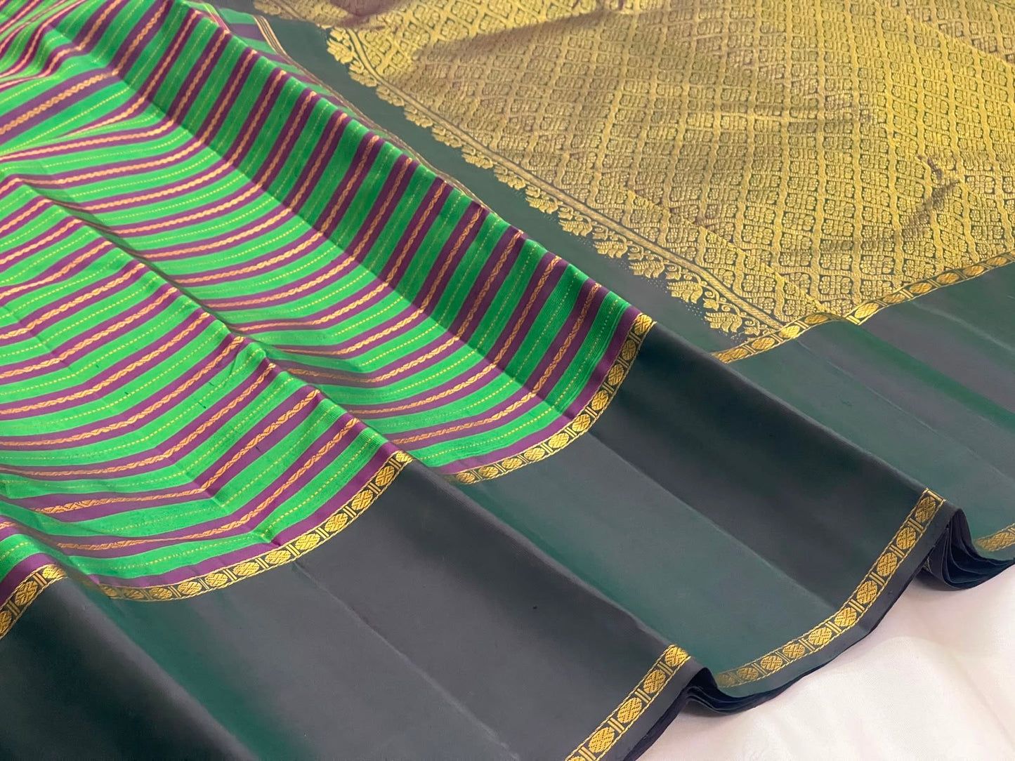 Parrot Green and Deep Purple Handwoven Pure Silk Kanjipuram Rettapet Saree with Veldhari Vazhaipoo Stripes