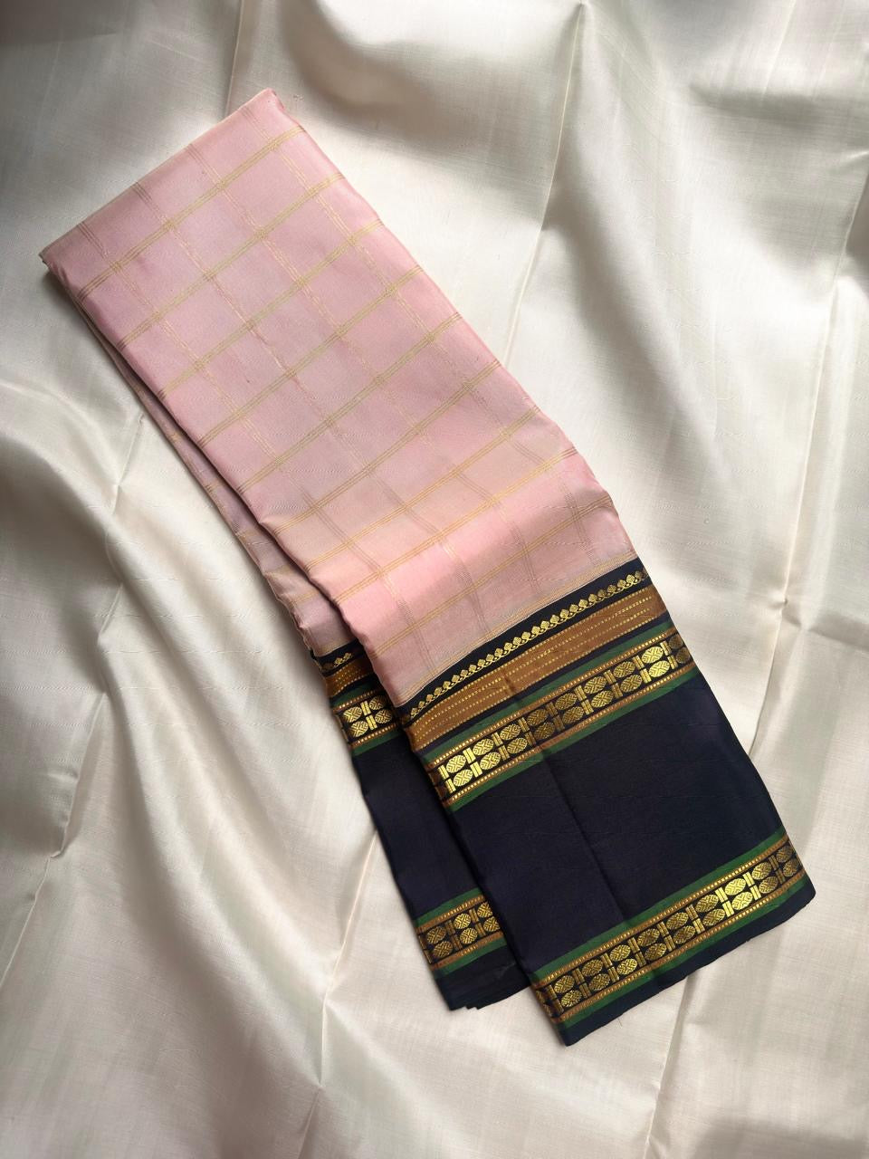 Pastel Blush Pink Pure Silk Kanjivaram Rettapet saree with broad Deep Charcoal border
