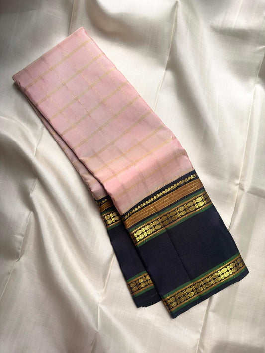 Pastel Blush Pink Pure Silk Kanjivaram Rettapet saree with broad Deep Charcoal border