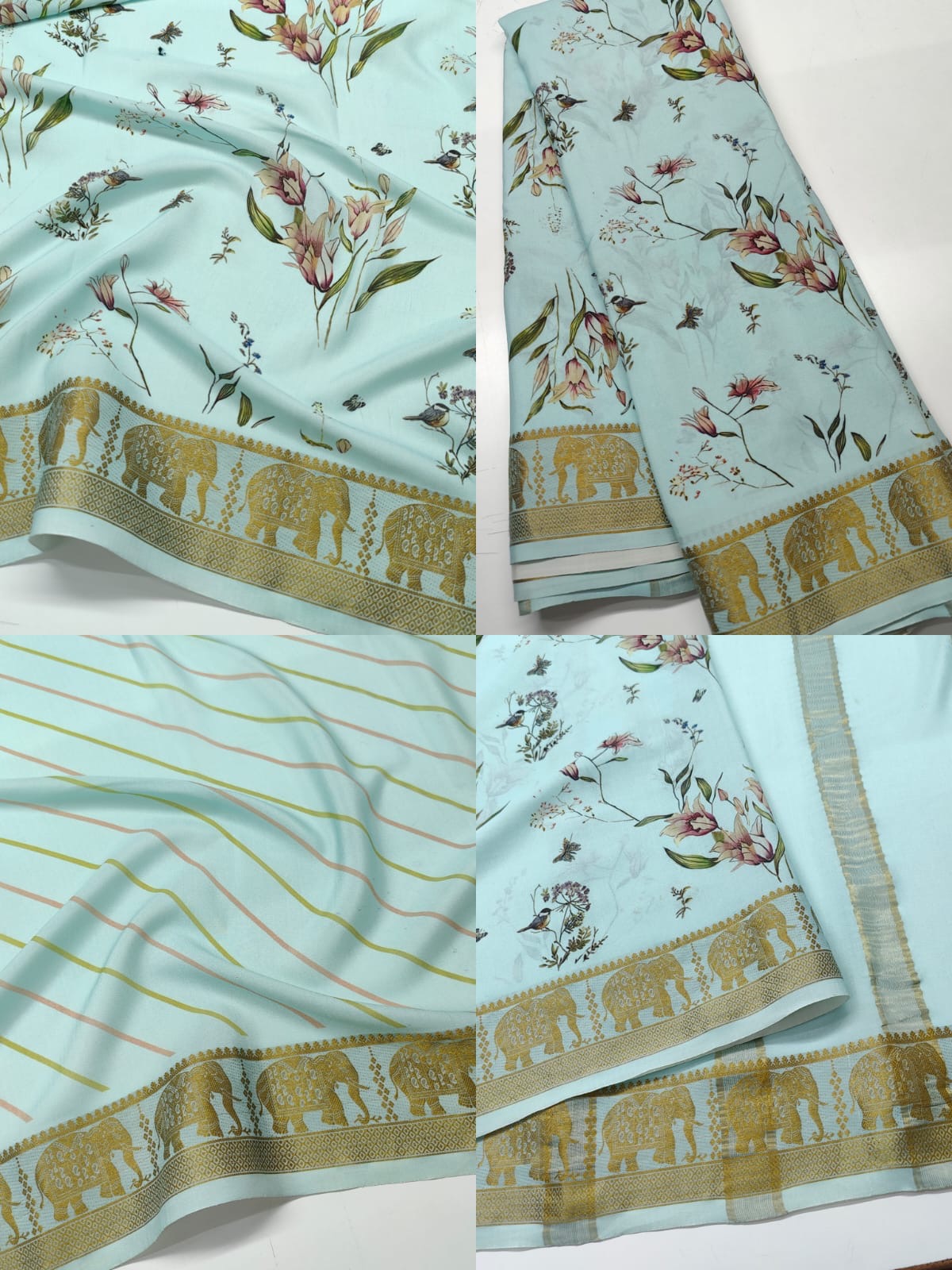 Pure Mysore Silk Crepe Saree Pastel Floral Prints with Zari Border