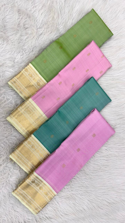 Cream ivory contrast border on pastel green Pure Silk Kanchipuram saree