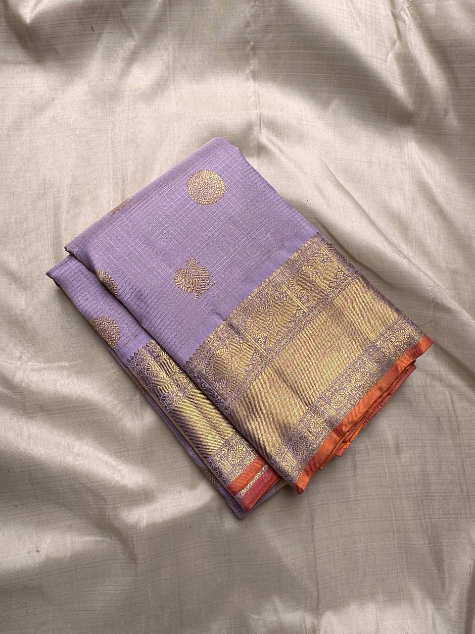 Pastel Lavender Handwoven Pure Silk KanchiPattu Saree with Zari Kattam and Antique Gold Border