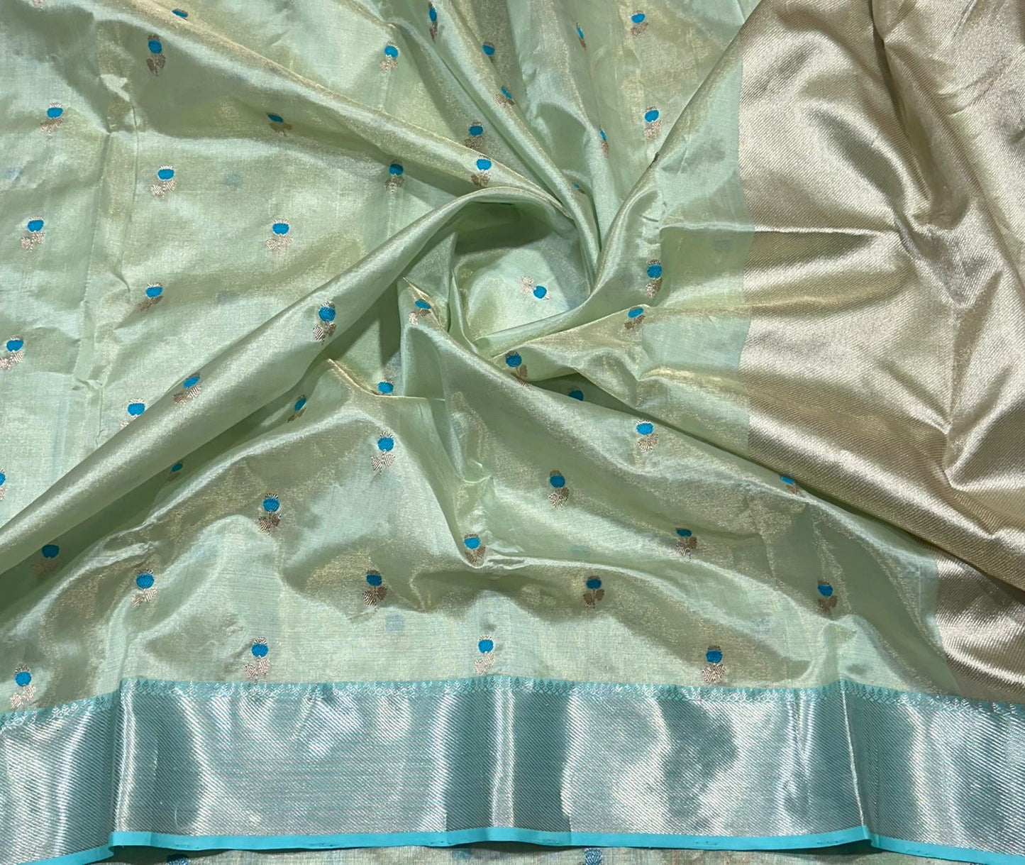 Pleats detail of Mint Silk Pure Silk Chanderi Saree