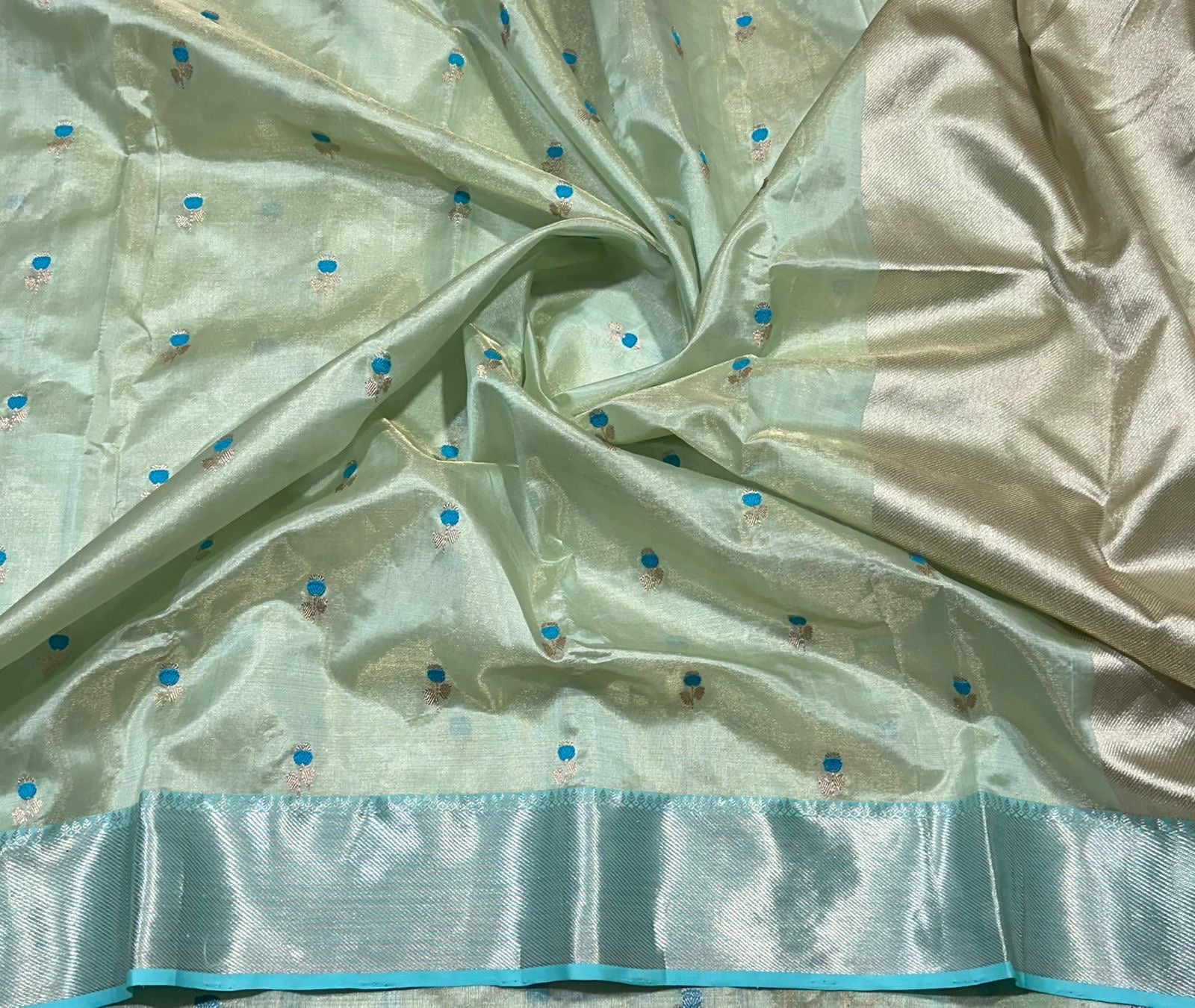 Pleats detail of Mint Silk Pure Silk Chanderi Saree