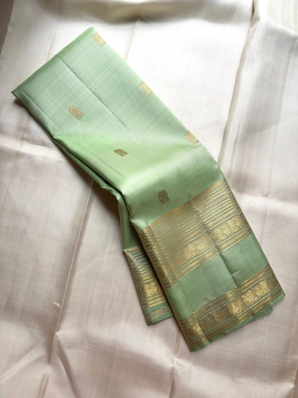 Pastel Mint Green Kancheepuram silk saree, body weave texture close-up — Idam Living