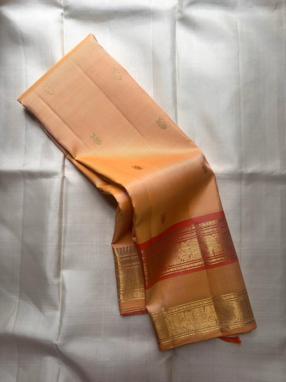 Pastel Peach Kanjeevaram silk saree — full front view, rettapet weave — Idam Living